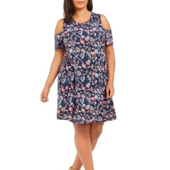 NEW! Style & CO Women's Flip Flop Blue Floral Cold Shoulder Dress Size 1X - Picture 1 of 11